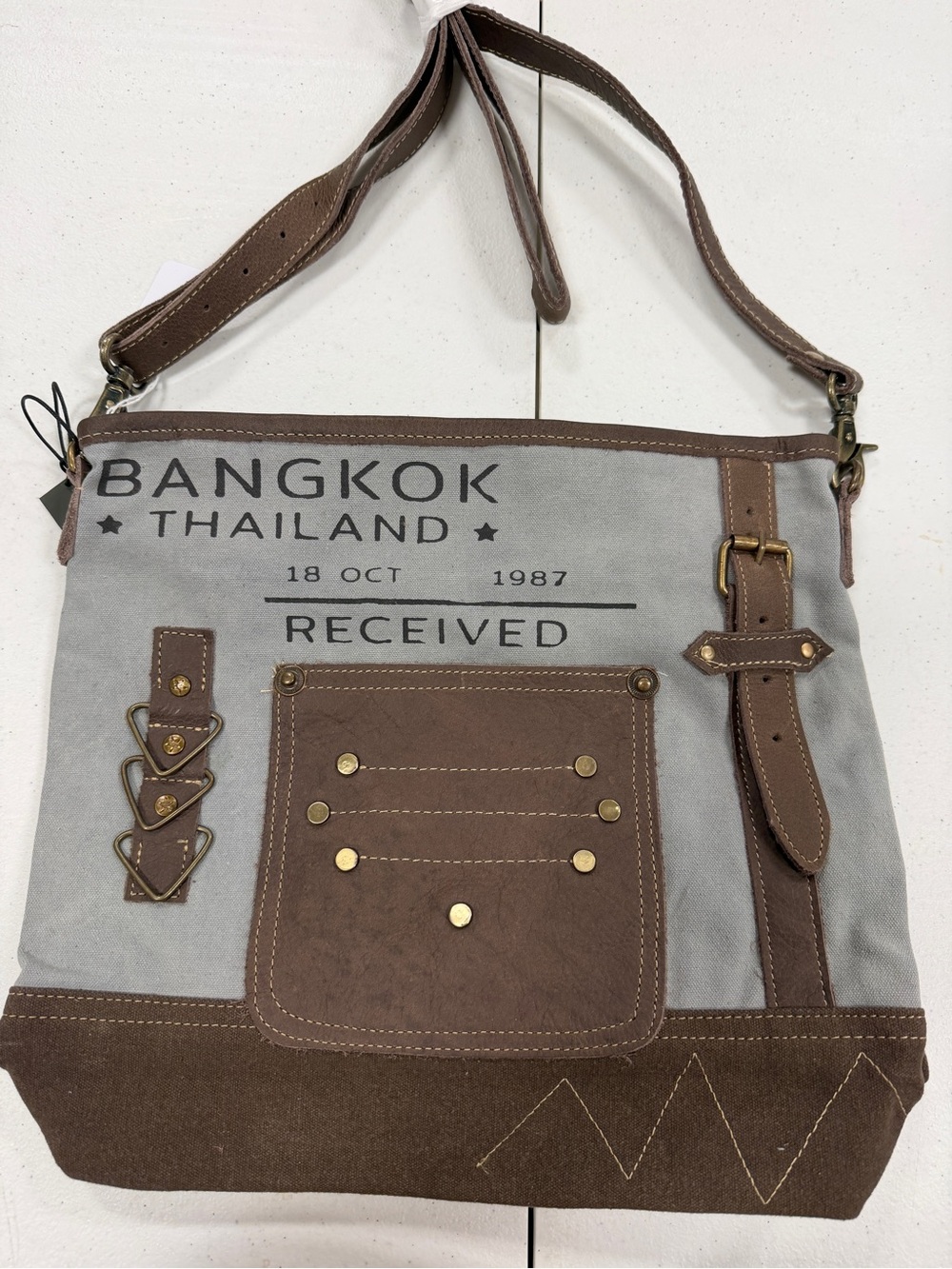 Myra Bag Gray and Brown Canvas Messenger with Brass Accents
